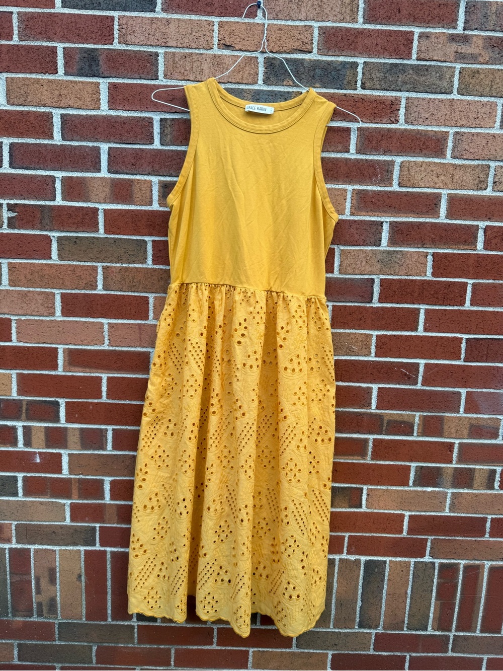 Grace Karin Mustard Yellow Eyelet Midi Dress XL Sleeveless With Pockets